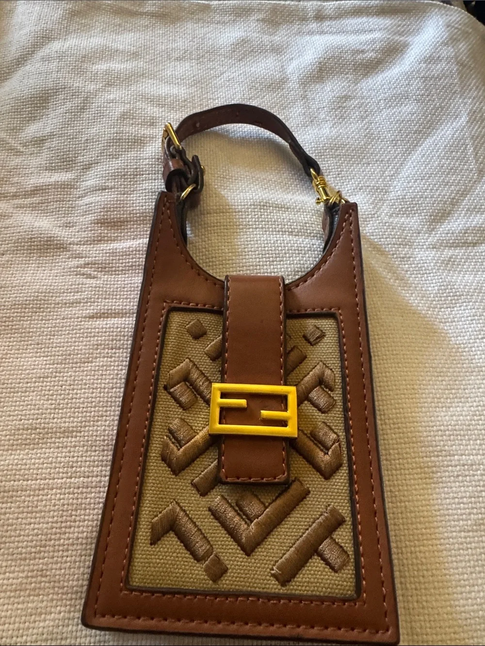 Fendi Brown Leather-Trim Embroidered Canvas Phone Holder